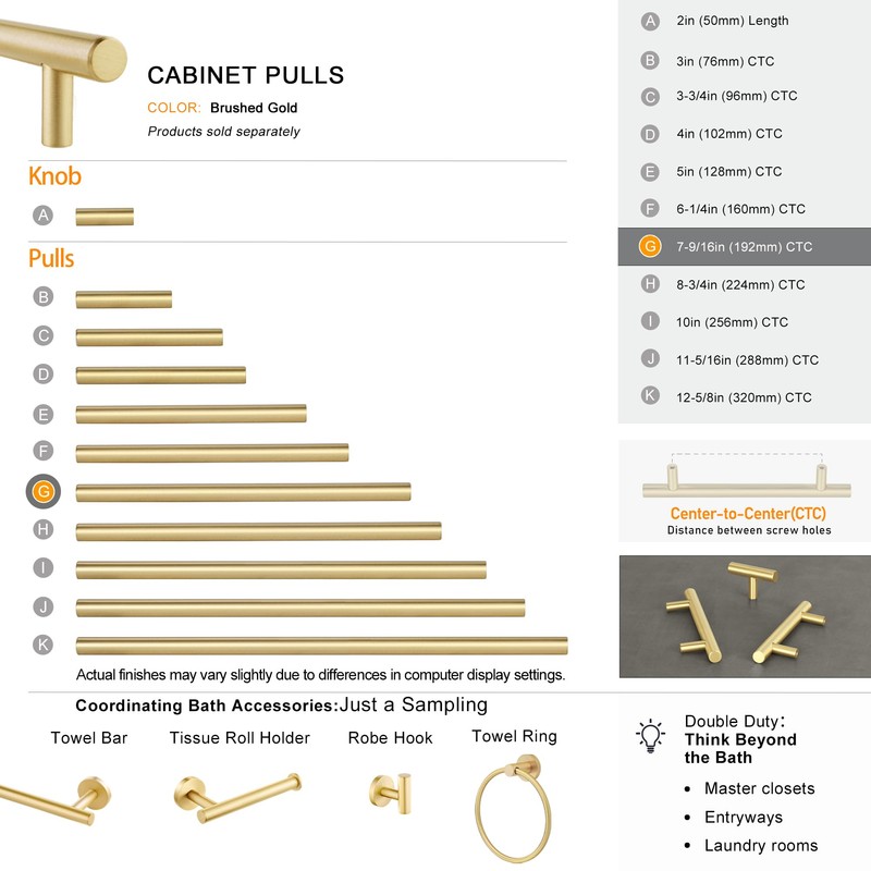 QOGRISUN 2-Pack Solid Brass Cabinet Pulls, Gold Euro Style T-Bar