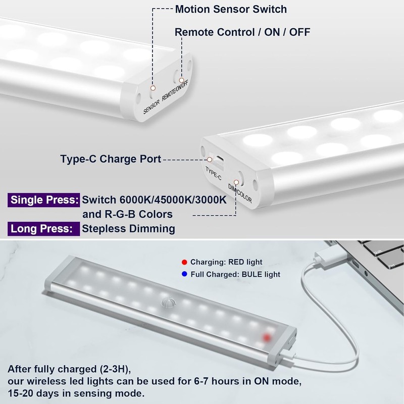 Under Cabinet Lights Wireless, 58-LED Rechargeable Motion Sensor Closet Lights