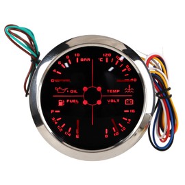 4in1 85mm Guage Multifunction Fuel Level Oil Pressure Water Temp Volt Meter DC 9‑32V for Car RV Boat Motorcycle Black Silver ℃/BAR