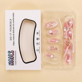 Flower Rhinestones Press on Nails Gold Line Fake Nails with Glue Medium Almond Shape Acrylic Nails Full Cover Glossy False Nails for Women DIY Decoration 24PCS Reusable Artificial Nails