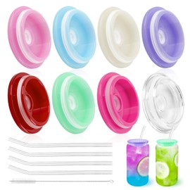 Joyclub 8 Pack Acrylic Lids and Glass Straws with Straw Brush Fit for 16oz Glass Cups with Lids and Straws, Replacement Lids for Can Shaped Glass Iced Coffee Cups Cute Tumbler Cup Drinking Glasses