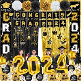 Graduation Party Decorations Pink Rose Gold Class of 2024 Graduation Party Supplies Include Banner, Hanging Swirls, Porch Sign, Foil Fringe Curtain, Paper Pompoms, Balloons for Congrats Grad
