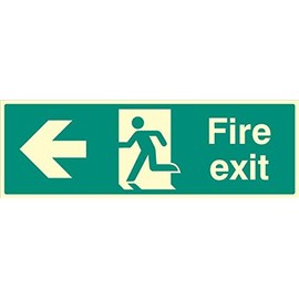 Sign, Fire Exit Left, Glow Rp, External Height 150mm, External Width 450mm, Sign Colour White on Green, Sign Legend Fire Exit Arrow Left, Sign Material Plastic - Photoluminescent, Sign Type Emergency