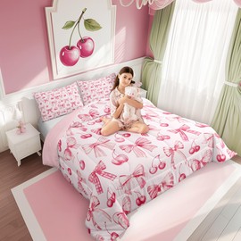 Manfei Bowknot Princess Comforter Set Full Size,Pink Bow Cherry Tropical Fruits Patchwork Bedding Set,Girls Women Room Decor,Bow-tie Girlish Dreamy Down Comforter,Pink Cute Duvet Insert,2 Pillowcases