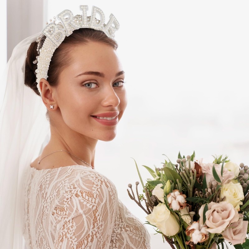 Bride Headband Pearl Veil Decorations White Hairband Accessories for Bachelorette