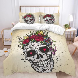 CIUNVXD Adult Rose Skull Bedding Set, Fire Skulls, Skulls, Black White Skull Duvet Cover with 2 Pillowcases 50 x 75 cm (C, 135 x 200 cm)