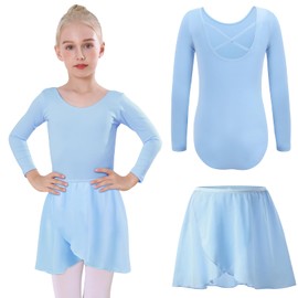Bezioner Ballet Clothing Girls with Removable Ballet Skirt Dance Bodysuit Long Sleeve Ballet Clothing Girls Ballet Suit Children, blue