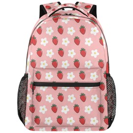 FZDXZJJ Girls Backpack Pink Strawberry Bag - Cute Schoolbag with Double Zipper, Breathable Shoulder Strap & Side Pocket for Water Bottle, Travel Pack for Kids Women Children Teens