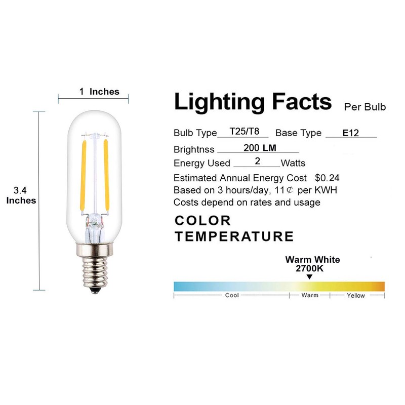 T25/T8 Small Tubular Bulb, 2W Dimmable, 25W Incandescent Equivalent, LED