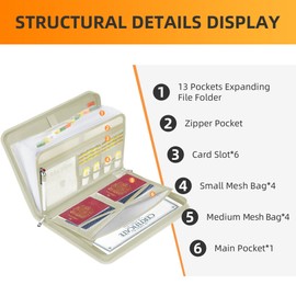 JUNDUN Accordion File Organizer - Fireproof Accordion Folder with Zipper & Labels - 12 Pocket Expanding File Folder with Multi-Pockets Paper Organizer Folder for Letter A4 Files and More (Beige)