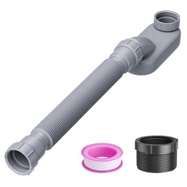 Low Profile Flexible Bathtub Shower Drain Pipe Kit - Flat P Trap for Freestanding Tub, 1 1/2 or 1 1/4 Inch(Gray)