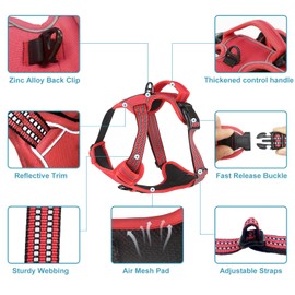 No Pull Dog Harness for Medium Large Dogs Adjustable Reflective Pet Vest with Front clip Handle Padded dog harness and lead set best for outdoor Training and walking Red L