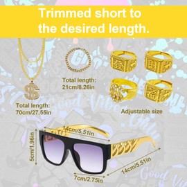 SAIIURV 7 Pcs Hip Hop Costume Accessories, Gold Chain Fancy Dress for Rapper, 80s 90s Accessories, Sunglasses Dollar Sign Chain Ring for Rapper Accessories Role Play Carnival Party (Gold)