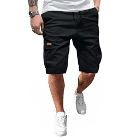 Ougelebo Men's Cargo Shorts Elastic Waist with Drawstring, black, M