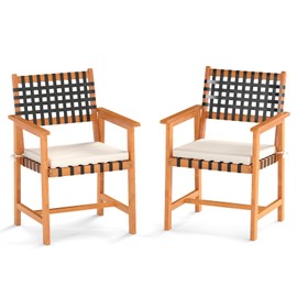 Tangkula Solid Acacia Wood Patio Chair Set of 2, Outdoor Wooden Dining Chairs w/Padded Seat Cushions, Washable Covers, Armrests, Curved Back, Armchairs for Indoor Porch Garden Deck Pool (1, White)