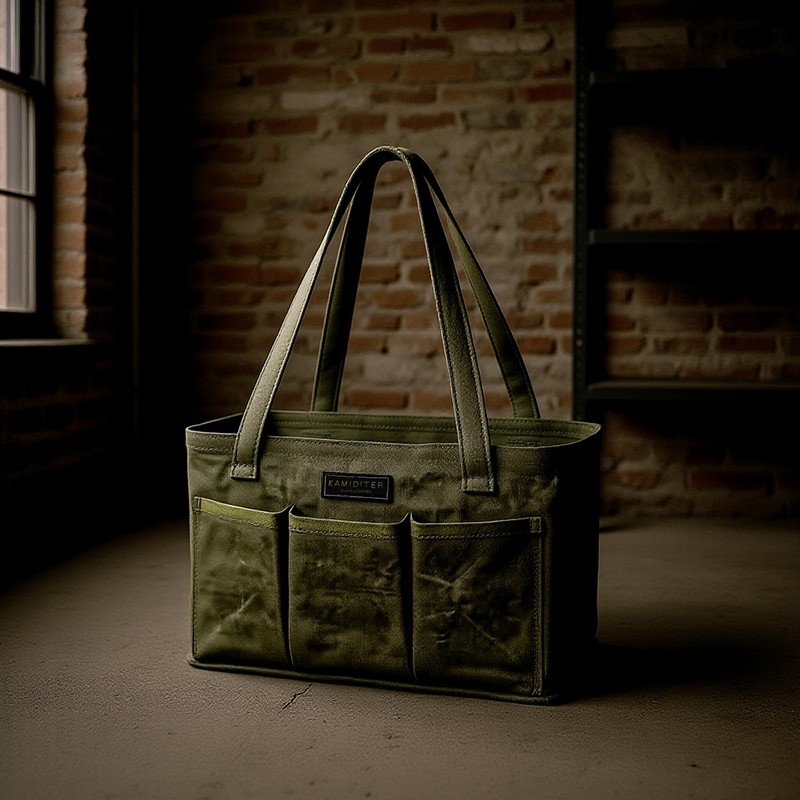 Tool Bag with Metal Frame, Waxed Canvas Wide Open Top
