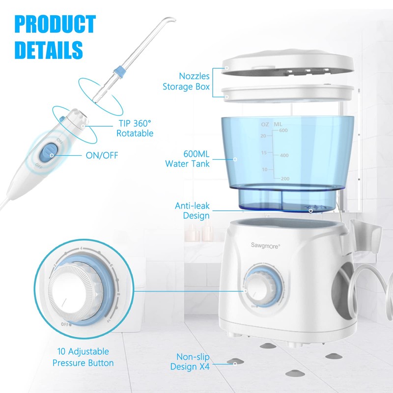 Sawgmore Water Flosser Oral Irrigator, 600 ml Large Capacity, 10