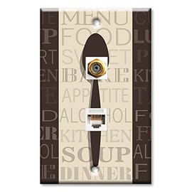 Art Plates - Decorative Printed 2 Port Data Wall Plate, RJ11 Telephone Jack Connector with RJ45 (Cat5, Cat6, Cat7) Ethernet Connector, Gold-Plated - Fork Knife and Spoon