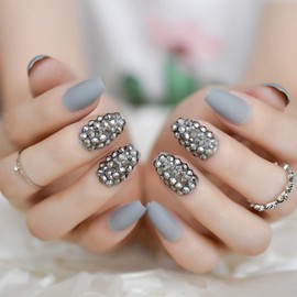 CoolNail Matte Gray Punk Style Press on Nail Fashion Gray Rhinestones Coffin False Nails Tips Artificial Frosted Fake Nail Art Pre-design