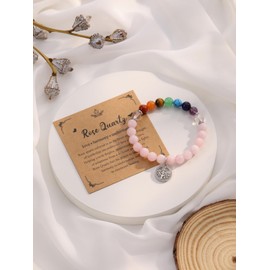 JSDDE Rose Quartz Chakra Crystals Bracelet for Women Healing Crystal Bracelet Natural Gemstone Beaded Bracelets with Life Tree Charm Jewellery Valentines Christmas Gifts