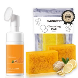qvkzl Turmeric Wash and Care Three Piece Set C Turmeric Face Wash with Brush, Exfoliating Facial Pads, Cleansing Soap Bars (2PC) & Turmeric Oil C Jabon de Curcuma, Natural Skincare for Face & Body