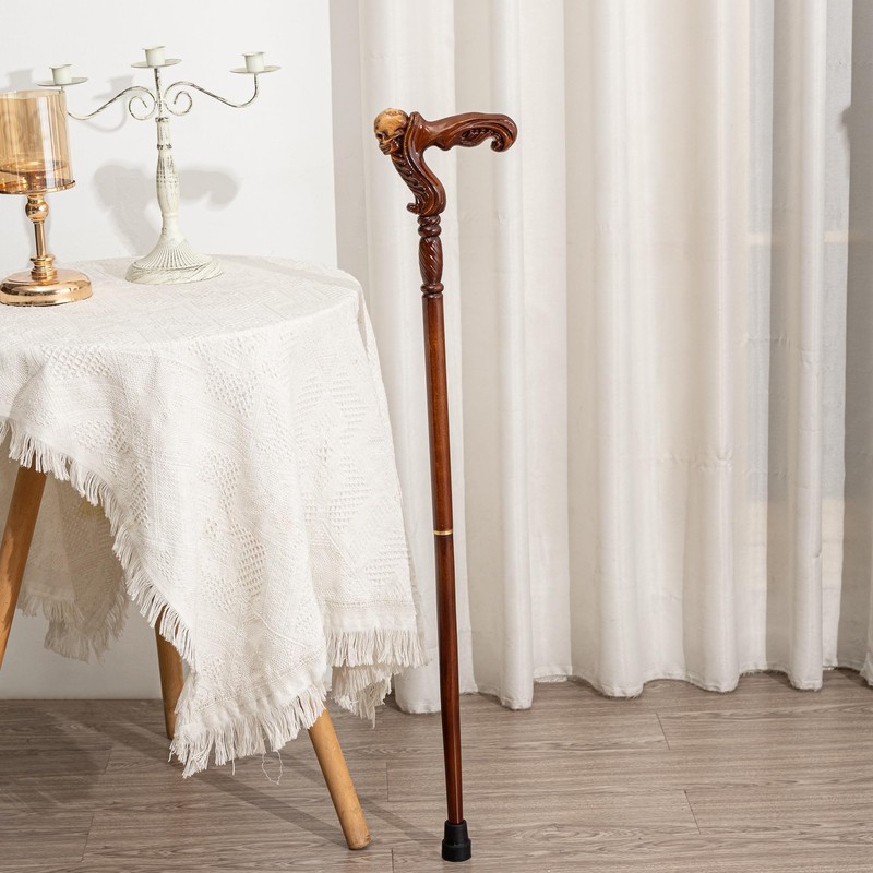 Hand Carved Wooden Walking Cane with Ergonomic Handle and Rubber