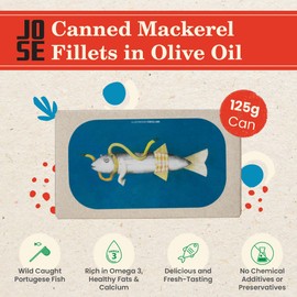 Canned Mackerel Fillets in Olive Oil by Jose Gourmet, Wild Caught Portuguese Mackerel, Tinned Fish in Olive Oil, High Protein Sustainable Seafood Snacks, Omega 3, Fair Trade, 125g Can