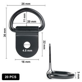 Pack of 20 Pendant Lashing Eyelets, D Construction Ring for Whip Ring, Hook, D Strap Holder, Truck, Boat Rope Bearing Folding (36 x 25 mm, Black)