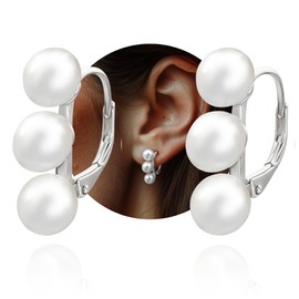 Noir Horse Triple White Pearl Huggie Hoop Leverback Silver Earrings - White Gold Plated 925 Sterling Silver, Three Round Pearls Dangle, Dainty Elegant, Wedding Jewelry for Brides Bridesmaid