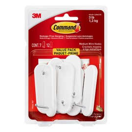 Command Medium Wire Hooks, Damage Free Hanging Wall Hooks with Adhesive Strips, No Tools Wall Hooks for Hanging Decorations in Living Spaces, 7 White Hooks and 12 Command Strips