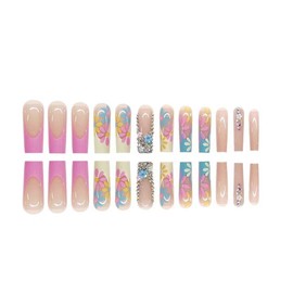 48 Pcs Flowers Press on Nails Long Square & Short Press on Toenails Set - French Tip Fake Nails Tips Spring 3D Floral Glue on Nails Full Cover Pink Acrylic Nail Kit False Toe Nails Nails Decoration