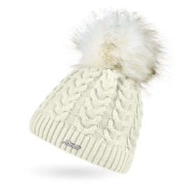 Neverless® Ladies Knitted Hat Lined Fur Bobble Faux Fur Bobble Hat Fleece Lining Cable Knit - 15581 Cream