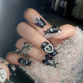 Handmade Nail Tip, Long Almond, Stiletto False Nails, Pink, Black, Y2K, Cute, Chromi, Painful Nail Design, 24 Pieces (Kuromi U43, All Sizes)