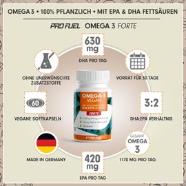 Omega-3 Vegan Forte - 60 Capsules - 2000 mg Algae Oil per Day - High Dose with 630 mg DHA + 420 mg EPA - Vegan Omega-3 Algae Oil Capsules - DHA:EPA Ratio 3:2 - Laboratory Tested with Analysis