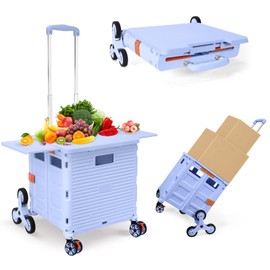 Foldable Utility Cart Folding Portable Rolling Crate with Magnetic Extended Lid,360°Rotate Wheels,176LBS Load Capacity,Heavy Duty Durable Dolly Cart(Blue)