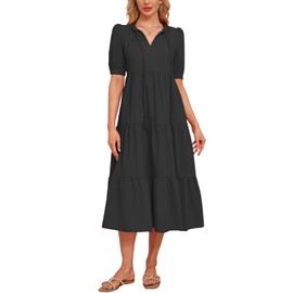 YEXPINE Womens Summer Cotton Puff Sleeve Maxi Dress Tired Ruffle Neck with Drawstring Summer Beach Dressses with Pockets Black
