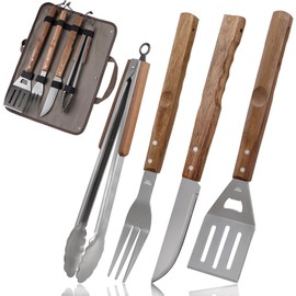 5pcs BBQ Grill Accessories Set - Stainless Steel Grilling Tools with Ergonomic Wooden Handle Includes Spatula, Tongs, Knife, Fork & Carry Bag, Grill Tools Set BBQ Utensils Gifts Set for Men Dad