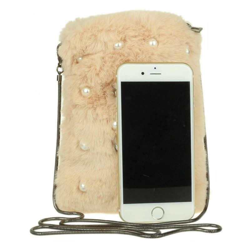 Girly Handbags Pearl Fur Clutch Bag, khaki