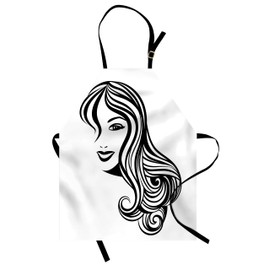 Ambesonne Hair Salon Apron, Black and White Vintage Style Portrait of a Young Lady with Indulgent Hair, Small Apron Bib with Adjustable Ties for Baking Painting, Small Size, Black and White