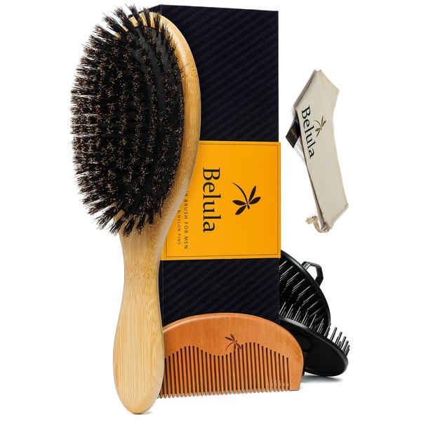 Belula 100% Boar Bristle Hair Brush for Men Set. Soft Hairbrush for Thin, Normal and Short Hair. Boar Bristle Brush and Wooden Comb for Men. Free 2 x Palm Brush & Travel Bag Included.