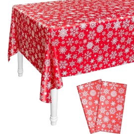 Christmas Table Cloth, 2pcs 137*274cm Christmas Table Cloth Rectangular Red Table Cloth Snowflakes Plastic Waterproof, Red Christmas Table Cloth for Christmas Table Decor Winter Party Table Decor