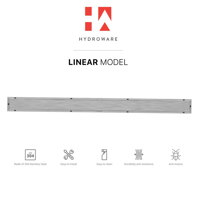 Hydroware Linear Shower Drain with Tile Insert Grate, Stainless Steel