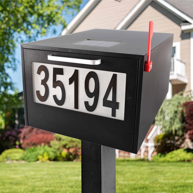 Black Post Mount Mailbox - 2 Lighting Modes Solar Numbers