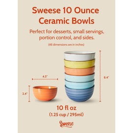 Sweese 10 Oz Ceramic Ice Cream Bowls, Set of 6 - Multicolor Dessert, Cereal, Soup Bowls, Dishwasher Microwave Safe
