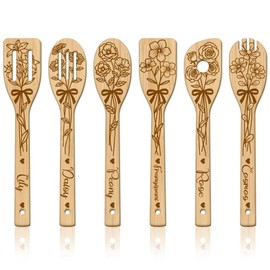 GLOBLELAND 6Pcs Bouquet Bamboo Cooking Utensils Wooden Engraved Cooking Spoons Set Lilies Roses Daisies Cosmos Kitchen Bamboo Spatula Set Wood Cooking Spoon for Kitchen House Warming Gift