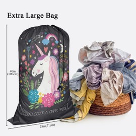 Swono Unicorn Are Real Extra Large Laundry Bag with Drawstring Closure 28"x40", Oxford Cloth, Rainbow Cartoon Fairy Star Floral for Home, Dorm and Apartment Dwellers, Magic Animal
