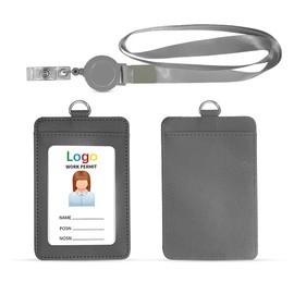 HYCOPROT Soporte para tarjetas de identificación con cordón, de piel sintética, retráctil, vertical, horizontal, con 1 ventana de identificación transparente y 1 ranura para tarjetas de crédito para licencia de conducir de oficina (vertical, gris)