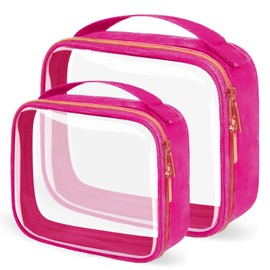 FAYORORY TSA Approved Travel Toiletry Bag,2 Pack Clear Makeup Bags with Handles,Quart Size Clear Cosmetic Bags for Traveling Women,Men,Carry on Airport Airline Compliant Bag,Rose Red