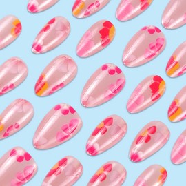 BABALAL Press on Nails Medium Almond Fake Nails Pink Glue on Orange Flower Summer False Nails 30Pcs Acrylic Nails Coquette Nails Supplies 24Pcs Stiletto Full Cover Artificial Nails for Women Girls