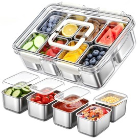Stainless Steel Snackle Box Container, Dishwasher Safe Snack Box with 8 Removable Compartments, 142oz Large Capacity Divided Serving Tray with Lid and Locking Clips for Fruit Snacks Nut Picnic Travel